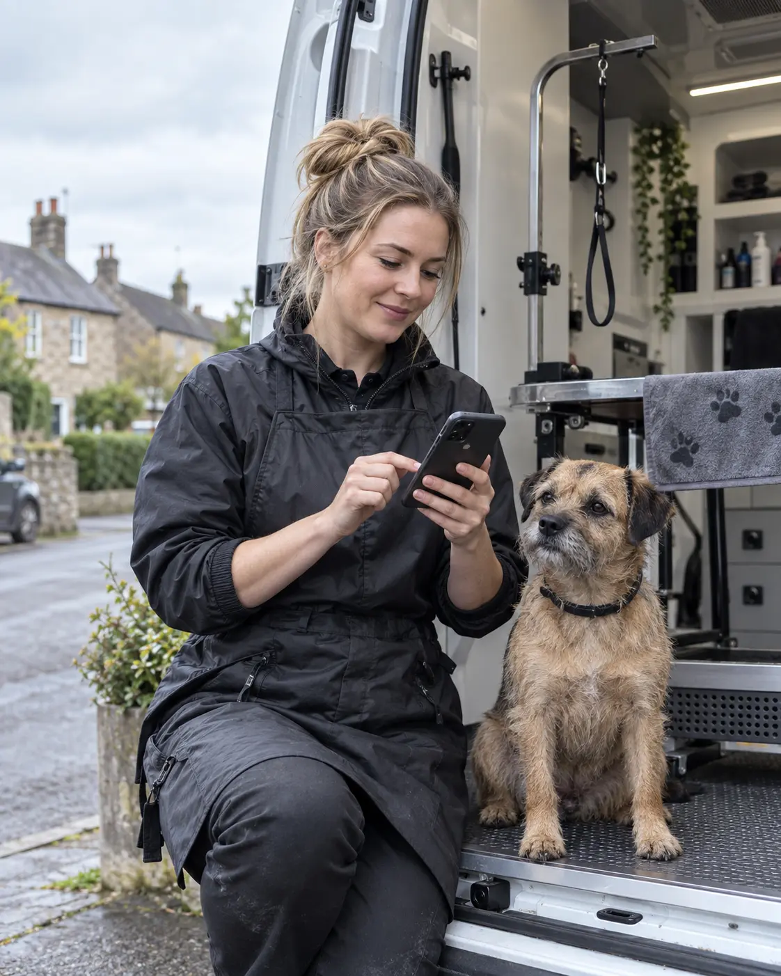 A mobile groomer setting up CallsPicked beside a terrier