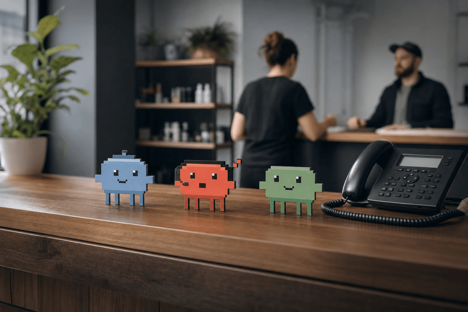 The CallsPicked AI team on a real reception desk while the owner works