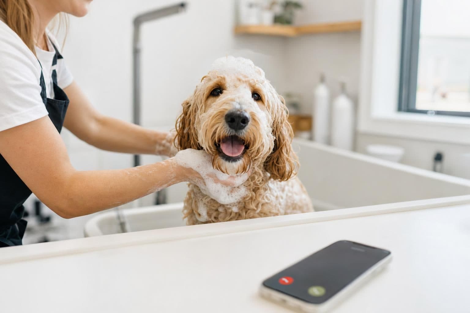 A busy pet grooming business at work while calls are answered