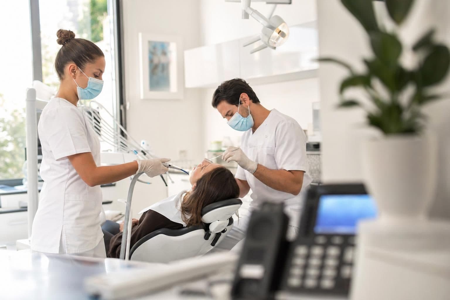 A busy dental & clinics business at work while calls are answered
