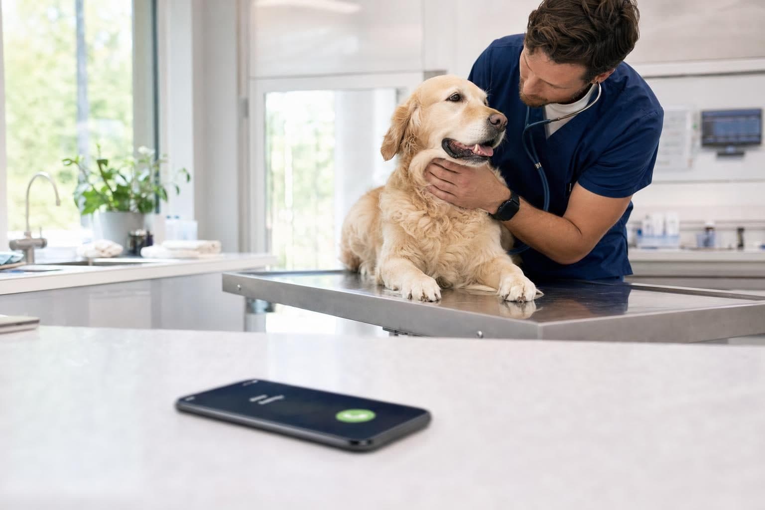 A busy vets & pet care business at work while calls are answered