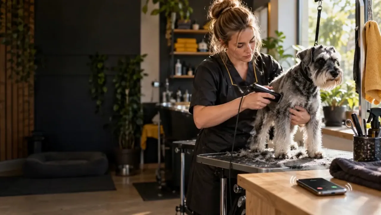 A groomer stays focused on a pet while CallsPicked handles the phone.