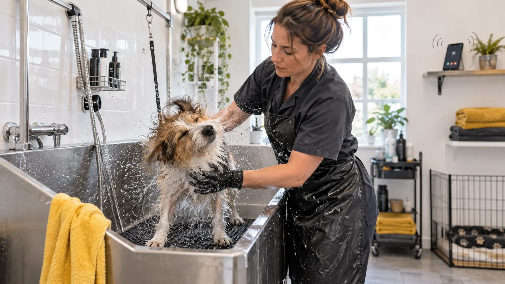 A groomer steadies a wet terrier while an unreachable phone rings